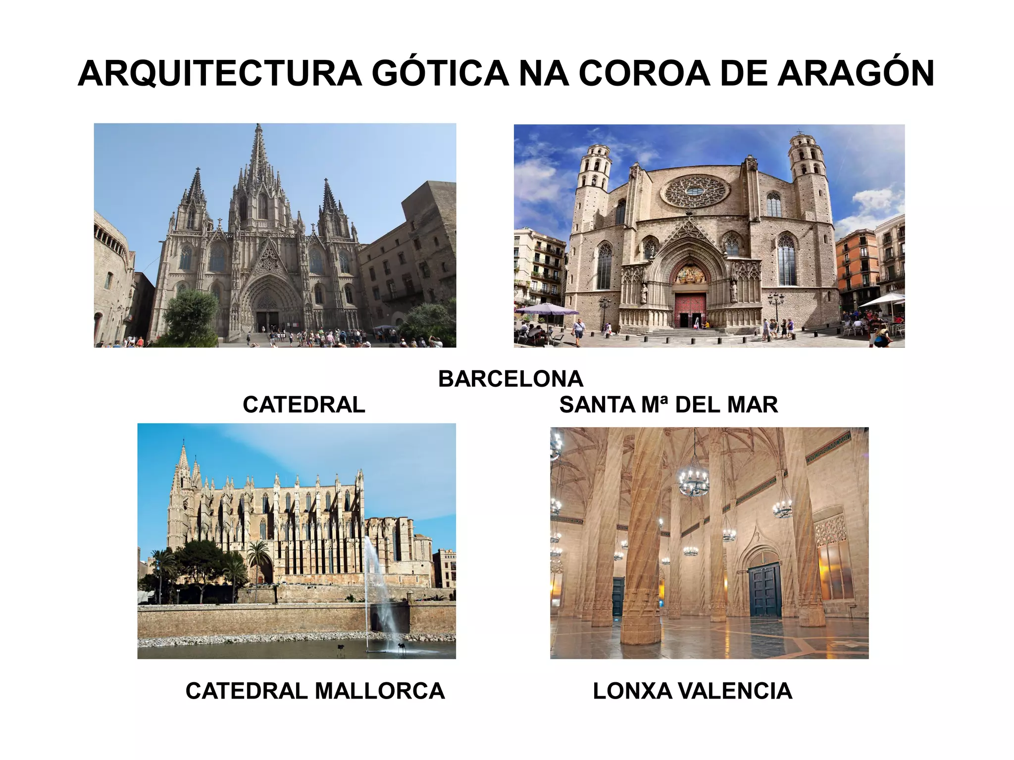 ARQUITECTURA GÓTICA NA COROA DE ARAGÓN
BARCELONA
CATEDRAL SANTA Mª DEL MAR
CATEDRAL MALLORCA LONXA VALENCIA