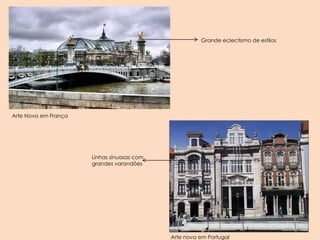 Grande eclectismo de estilos
Arte Nova em França
Linhas sinuosas com
grandes varandões
Arte nova em Portugal
 