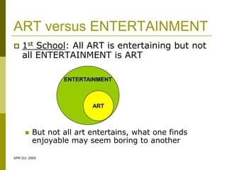 ART versus ENTERTAINMENT
   1st School: All ART is entertaining but not
    all ENTERTAINMENT is ART

                  ENTERTAINMENT



                          ART



         But not all art entertains, what one finds
          enjoyable may seem boring to another

SPM Oct 2009
 