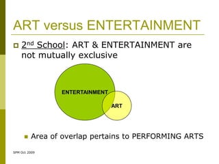 ART versus ENTERTAINMENT
   2nd School: ART & ENTERTAINMENT are
    not mutually exclusive



                 ENTERTAINMENT

                                 ART




         Area of overlap pertains to PERFORMING ARTS

SPM Oct 2009
 