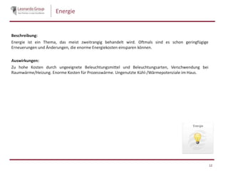 Energie
Beschreibung:
Energie ist ein Thema, das meist zweitrangig behandelt wird. Oftmals sind es schon geringfügige
Erneuerungen und Änderungen, die enorme Energiekosten einsparen können.
Auswirkungen:
Zu hohe Kosten durch ungeeignete Beleuchtungsmittel und Beleuchtungsarten, Verschwendung bei
Raumwärme/Heizung. Enorme Kosten für Prozesswärme. Ungenutzte Kühl-/Wärmepotenziale im Haus.
12
 