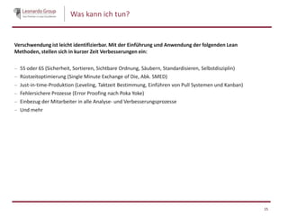 Was kann ich tun?
Verschwendung ist leicht identifizierbar. Mit der Einführung und Anwendung der folgenden Lean
Methoden, stellen sich in kurzer Zeit Verbesserungen ein:
5S oder 6S (Sicherheit, Sortieren, Sichtbare Ordnung, Säubern, Standardisieren, Selbstdisziplin)
Rüstzeitoptimierung (Single Minute Exchange of Die, Abk. SMED)
Just-in-time-Produktion (Leveling, Taktzeit Bestimmung, Einführen von Pull Systemen und Kanban)
Fehlersichere Prozesse (Error Proofing nach Poka Yoke)
Einbezug der Mitarbeiter in alle Analyse- und Verbesserungsprozesse
Und mehr
15
 