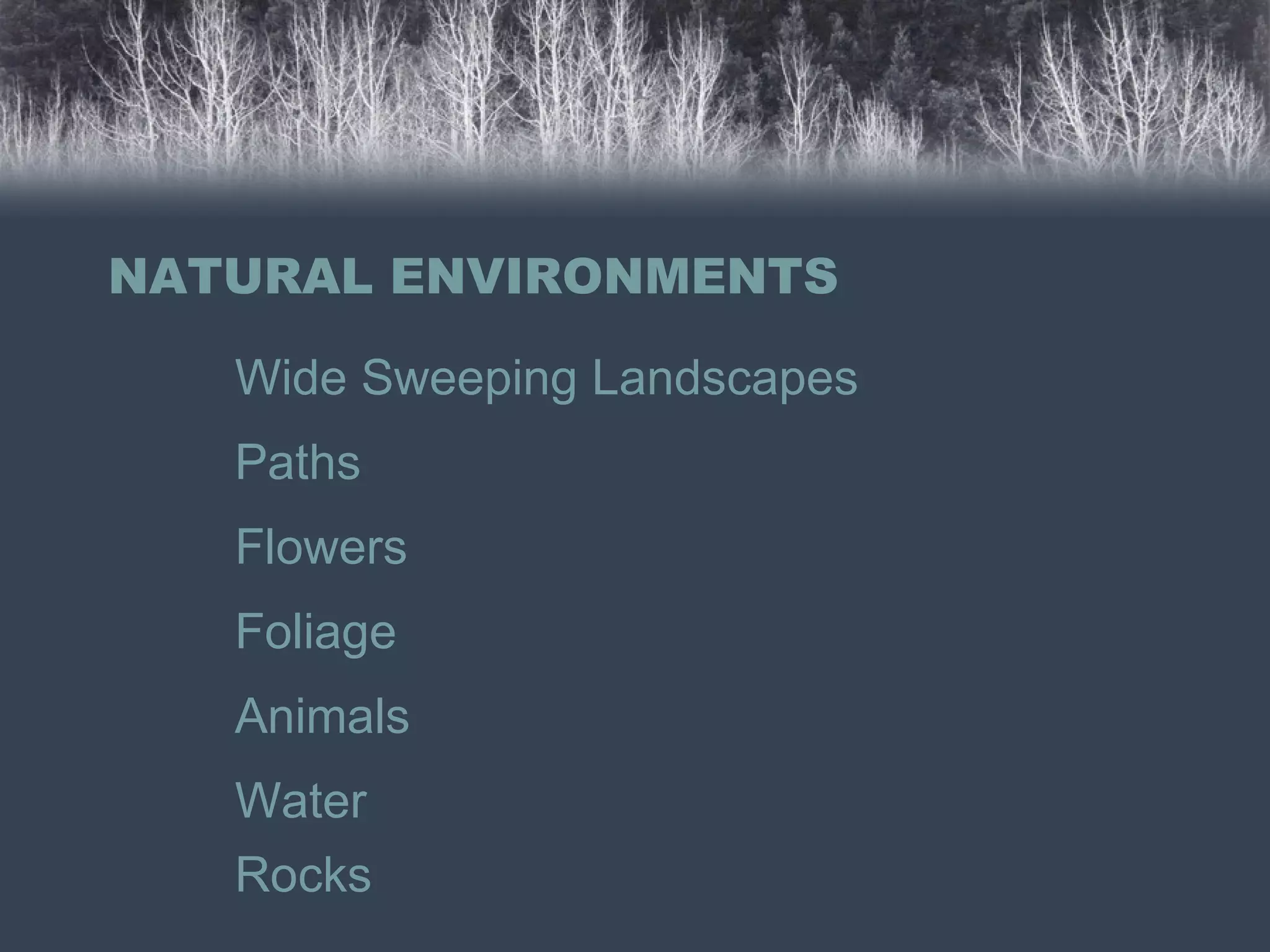 NATURAL ENVIRONMENTS Wide Sweeping Landscapes Paths Flowers Foliage Animals Water Rocks 