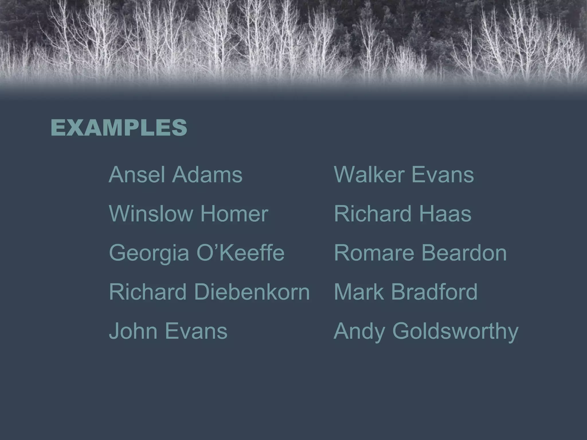 EXAMPLES Ansel Adams Winslow Homer Georgia O’Keeffe Richard Diebenkorn John Evans Walker Evans Richard Haas Romare Beardon Mark Bradford Andy Goldsworthy 