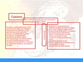 Cubismo
Es un estilo pictórico que tiene como precursores
Braque y Picasso.
(1907 a 1914)
Características
El cubismo surge originalmente en París,
siendo éste uno de los más radicales y
revolucionarios movimientos, ya que
abandona el punto de vista único
y fijo por una multiplicidad de puntos
de vista que, simultáneamente,
representan los objetos y figuras
en la misma pintura. El cubismo además
fue punto de partida de algunos otros
movimientos como el futurismo. El cubismo
fue utilizado por escultores, que adoptaron
sus ideas.
- Encontrar un nuevo concepto de
espacio enfocado en la bidimensionalidad
de la imagen a mostrar pictóricamente.
- Fragmentación de las formas y del espacio.
- Los objetos no son representados
desde un único punto de vista, sino
desde varios puntos de vista,
e incluso en diversos momentos del
tiempo.
- Distintas perspectivas de los
objetos: superpuestas con penetraciones
de unas partes con otras.
- Ausencia de profundidad espacial.
 
