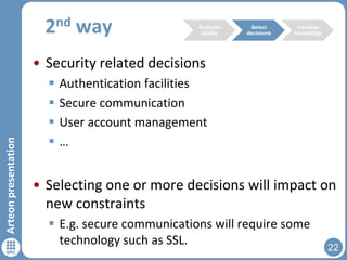 nd
2

way

Evaluate
quality

Select
decisions

Increase
knowledge

Arteon presentation

• Security related decisions





Authentication facilities
Secure communication
User account management
…

• Selecting one or more decisions will impact on
new constraints
 E.g. secure communications will require some
technology such as SSL.

22

 