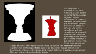 La copa de Rubin, una singular ilusión óptica, La vista es uno de los sentidos más
sorprendentes por las capacidades que nos da de percibir nuevos elementos en
determinadas imágenes. Un ejemplo es la copa de Rubin, en la cual pueden percibirse
diferentes objetos, dependiendo del ángulo.
Este juego óptico,
mediante el cual en la
misma imagen es posible
identificar tanto una copa
como dos rostros
enfrentados, se organiza
alrededor del principio de
que, cuando dos campos
presentan un borde en
común y uno es visto
como figura y el otro
como fondo, la percepción
inmediata se caracteriza
por un efecto que emerge
de ese límite en común y
que opera de manera más
fuerte en un campo que
en el otro.
 