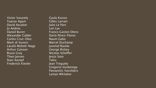 Victor Vasarely
Yaacov Agam
David Ascalon
Jo Andres
Daniel Buren
Alexander Calder
Carlos Cruz-Díez
Mark di Suvero
László Moholí-Nagy
Arthur Ganson
Bruce Gray
Theo Jansen
Starr Kempf
Frederick Kiesler
Gyula Kosice
Gilles Larrain
Julio Le Parc
Len Lye
Franco Gaston Otero
Darío Pérez-Flores
Naum Gabo
Marcel Duchamp
Juvenal Ravelo
George Rickey
Nicolas Schöffer
Jesús Soto
Takis
Jean Tinguely
Gregorio Vardanega
Panayiotis Vassilakis
Lyman Whitaker
 