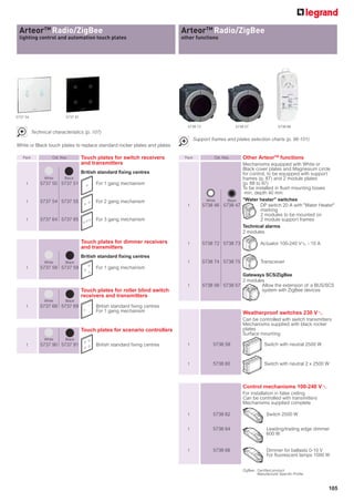 ArteorTM Radio/ZigBee                                                        ArteorTM Radio/ZigBee
 lighting control and automation touch plates                                 other functions




5737 54                     5737 91

                                                                                5738 73                    5738 57                  5738 66
          Technical characteristics (p. 107)
                                                                                      Support frames and plates selection charts (p. 98-101)
White or Black touch plates to replace standard rocker plates and plates

   Pack             Cat. Nos.         Touch plates for switch receivers        Pack            Cat. Nos.      Other ArteorTM functions
                                      and transmitters                                                    Mechanisms equipped with White or
                                                                                                          Black cover plates and Magnesium circle
                                      British standard ﬁxing centres                                      for control, to be equipped with support
                White      Black                                                                          frames (p. 87) and 2 module plates
     1        5737 50 5737 51               For 1 gang mechanism                                          (p. 88 to 97)
                                                                                                          To be installed in flush mounting boxes
                                                                                                           min. depth 40 mm
     1        5737 54 5737 55               For 2 gang mechanism                            White   Black Water heater switches
                                                                                1         5738 46 5738 47          DP switch 20 A with Water Heater
                                                                                                                   marking
                                                                                                                   2 modules to be mounted on
     1        5737 64 5737 65               For 3 gang mechanism                                                   2 module support frames
                                                                                                          Technical alarms
                                                                                                          2 modules

                                      Touch plates for dimmer receivers         1         5738 72 5738 73                Actuator 100-240 VA - 10 A
                                      and transmitters
                                      British standard fixing centres
                White      Black                                                1         5738 74 5738 75                Transceiver
     1        5737 58 5737 59               For 1 gang mechanism
                                                                                                          Gateways SCS/ZigBee
                                                                                                          2 modules
                                                                                1         5738 56 5738 57         Allow the extension of a BUS/SCS
                                      Touch plates for roller blind switch                                        system with ZigBee devices
                                      receivers and transmitters
                White      Black
     1        5737 68 5737 69               British standard fixing centres
                                            For 1 gang mechanism                                              Weatherproof switches 230 VA
                                                                                                              Can be controlled with switch transmitters
                                                                                                              Mechanisms supplied with black rocker
                                      Touch plates for scenario controllers                                   plates
                                                                                                              Surface mounting
                White      Black
     1        5737 90 5737 91               British standard fixing centres     1              5738 58                     Switch with neutral 2500 W



                                                                                1              5738 60                     Switch with neutral 2 x 2500 W



                                                                                                              Control mechanisms 100-240 VA
                                                                                                              For installation in false ceiling
                                                                                                              Can be controlled with transmitters
                                                                                                              Mechanisms supplied complete

                                                                                1              5738 62                      Switch 2500 W


                                                                                1              5738 64                      Leading/trailing edge dimmer
                                                                                                                            600 W


                                                                                1              5738 66                      Dimmer for ballasts 0-10 V
                                                                                                                            For fluorescent lamps 1000 W


                                                                                                              ZigBee : Certified product
                                                                                                                       Manufacturer Specific Profile



                                                                                                                                                        105
 