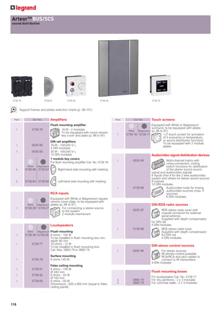 ArteorTM BUS/SCS
for example: xxxxxxx
sound distribution
xxxxxxxx




 5739 76                       5739 67                5739 26                 5739 29                             5739 16



         Support frames and plates selection charts (p. 98-101)


  Pack             Cat. Nos.        Ampliﬁers                                           Pack        Cat. Nos.     Touch screens
                                    Flush mounting ampliﬁer                                                      Equipped with White or Magnesium
                                                                                                                 surround, to be equipped with plates
   1              5739 76                        16 W - 2 modules                                White Magnesium (p. 88 to 97)
                                                 To be equipped with round version
                                                 key cover and plate (p. 88 to 97)       1     5739 16 5739 17             1.2 touch screen for activation
                                                                                                                           of 4 scenarios or temperature,
                                    DIN rail ampliﬁers                                                                     or sound distribution functions
                                                                                                                           To be equipped with 2 module
   1              0035 85           16 W - 100/240 VA                                                                      plates
                                    4 DIN modules
   1              0035 83           30 W - 100/240 VA
                                    10 DIN modules                                                                Audio/video signal distribution devices
                                    1 module key covers
                                                                                         1          0035 84                    Multi-channel matrix with
                                    For flush mounting amplifier Cat. No. 5739 76                                              cross-connection, mixing
               White   Magnesium                                                                                               switch functions for distribution
   5         5739 66 5739 67                   Right-hand side mounting with marking                                           of the stereo sound source
                                                                                                                  signal and audio/video signals
                                                                                                                  8 inputs (first 4 for the 2 wire audio/video
                                         ON                                                                       system and others for stereo sound source)
   5         5739 64 5739 65                   Left-hand side mounting with marking                               8 outputs
                                         OFF                                                                      10 DIN modules
                                                                                         1          5739 98                    Audio/video node for mixing
                                                                                                                               audio/video sources (max. 4
                                    RCA inputs                                                                                 sources)
                                                                                                                               6 DIN modules
                               Equipped with White or Magnesium square
                               version cover plate, to be equipped with
               White Magnesium plates (p. 88 to 97)                                                               DIN RDS radio sources
   1         5739 26 5739 27            For connecting a stereo source
                                        to the system                                    1          0035 87               RDS stereo radio tuner with
                                        2 module mechanism                                                                coaxial connector for external
                                                                                                                          aerial antenna
                                                                                                                          Supplied with depth compensator
                                                                                                                  for DIN rail
                                    Loudspeakers                                                                  4 DIN modules
                                                                                         1          5739 89               RDS stereo radio tuner
               White         Flush mounting
                       Magnesium                                                                                          Supplied with depth compensator
   1         5739 28 5739 29 8 ohms - 100 W                                                                               for DIN rail
                             To be installed in flush mounting box min.                                                   4 DIN modules
                             depth 80 mm
   1             5739 77     16 ohms - 12 W
                             To be installed in flush mounting box                                                DIN stereo control sources
                             Cat. Nos. 0893 79 or 0892 79                                1          0035 86              For stereo sources
                                                                                                                         IR remote control possible
                                    Surface mounting                                                                     RCA/RCA and jack cables to
   1              5739 78           8 ohms 140 W                                                                         connect to IR transmitters
                                                                                                                  4 DIN modules
                                    False ceiling mounting
   1              5739 81           8 ohms - 100 W
                                    Ø 240 mm                                                                      Flush mounting boxes
   1              5739 82           8 ohms - 20 W
                                    Ø 100 mm                                                                      For loudspeaker Cat. No. 5739 77
   1              5739 83           8 ohms - 50 W                                        2          0893 79       For dry partitions - 2 x 3 modules
                                    Dimensions : 600 x 600 mm (equal to false            2          0892 79       For concrete walls - 2 x 3 modules
                                    ceiling panel)




118
 
