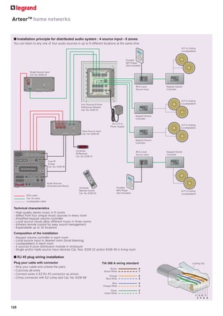 ArteorTM home networks


 n Installation principle for distributed audio system : 4 source input - 8 zones
 You can listen to any one of four audio sources in up to 8 different locations at the same time
                                                                                                                                          6.5 In-Ceiling
                                                                                                                                          Loudspeakers



                                                                                                     Portable
                                                                                                     MP3 Player
                                                                                                     (Not included)

             Single Source Input
             Cat. No. 6338 22




                                                                                                              RCA Local       Keypad Volume
                                                                                                              Source Input    Controller




                                                                                                                                          6.5 In-Ceiling
                                                          Four Sources 8 Zone                                                             Loudspeakers
                                                          Distribution Module
                                                          Cat. No. 6338 53

                                                                                                              Keypad Volume
                                                                                                              Controller

                                                                                       24 V 2.5 A
                                                                                                                                          6.5 In-Ceiling
                                                                                      Power Supply
                                                                                                                                          Loudspeakers
                                                          Triple Source Input
                                                          Cat. No. 6338 48

                                                                                                              Keypad Volume
                                                                                                              Controller


                                                     Universal                                                RCA Local       Keypad Volume
                                                     IR Receiver                                              Source Input    Controller
                                                     Cat. No. 6338 47

                              Dual IR
                              Emitter
                              Cat. No. 6338 46




                              Audio Sources
                              (Entertainment Room)
                                                        Universal                          Portable
                                                        Remote Control                     MP3 Player                                     6.5 In-Ceiling
                                                        Cat. No. 6338 50                   (Not included)                                 Loudspeakers
          RCA cable
          Cat. 5e cable
          Loudspeaker cable


 Technical characteristics
 - High-quality stereo music in 8 rooms
 - Select from four unique music sources in every room
 - Amplified keypad volume controller
 - Local source inputs allow different music in three rooms
 - Infrared remote control for easy sound management
 - Expandable up to 32 locations
 Composition of the installation
 - Keypad volume controller in each room
 - Local source input in desired room (local listening)
 - Loudspeakers in each room
 - 4 sources 8 zone distribution module in enclosure
 - Single and/or triple source input devices Cat. Nos. 6338 22 and/or 6338 48 in living room

 n RJ 45 plug wiring installation
 Plug your cable with connector                                                 TIA 568 A wiring standard                                            Locking clip
 - Strip your cable and untwist the pairs
                                                                                      Brown                      8
 - Cut/cross all wires                                                           Brown White                     7
 - Connect wires in EZ RJ 45 connector as shown
                                                                                     Orange                      6
 - Crimp connector with EZ crimp tool Cat. No. 6338 99                            Blue White                     5

                                                                                        Blue                     4
                                                                                Orange White                     3

                                                                                      Green                      2
                                                                                 Green White                     1
                                                                                                                                                        1 3 5 7
                                                                                                                                                         2 4 6 8



128
 