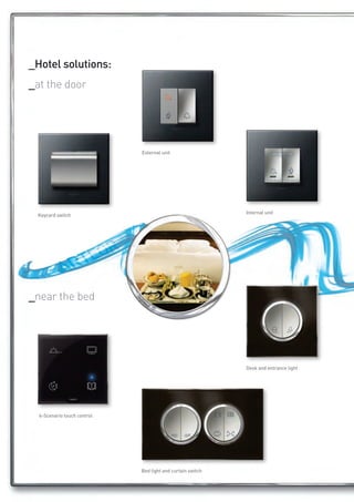 _Hotel solutions:
ARTEOR 	lorem ipsum dolor sit amet 	
	          consectetur adisciplinit
_at the door




                             External unit




                                                            Internal unit
 Keycard switch




_near the bed




                                                            Desk and entrance light




  4-Scenario touch control




                             Bed light and curtain switch
 