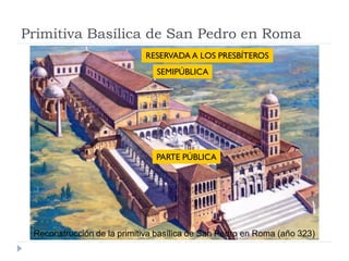 Primitiva Basílica de San Pedro en Roma
                            RESERVADA A LOS PRESBÍTEROS
                               SEMIPÚBLICA




                               PARTE PÚBLICA




 Reconstrucción de la primitiva basílica de San Pedro en Roma (año 323)
 