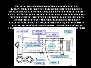 A planta típica da primitiva basílica cristã pode ser representada pela de São Pedro de Roma, construída no século IV por Constantino e substituída na Renascença pela atual de São Pedro do Vaticano. Depois de uma escadaria nem sempre existente, atinge-se a um pórtico, que comunica com vasto pátio, chamado atrium e cercado de galerias de colunas. No centro do pátio, acha-se a fonte, transformada depois no batistério ou pia batismal, para purificação dos novos conversos, e só assim, depois de purificados, poderiam penetrar no templo. Vestíbulo/Pórtico Nartex Abside Pórtico 