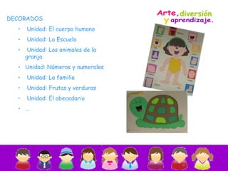 DECORADOS Unidad: El cuerpo humano Unidad: La Escuela  Unidad: Los animales de la granja Unidad: Números y numerales Unidad: La familia Unidad: Frutas y verduras Unidad: El abecedario … diversión y  Arte,  aprendizaje. 