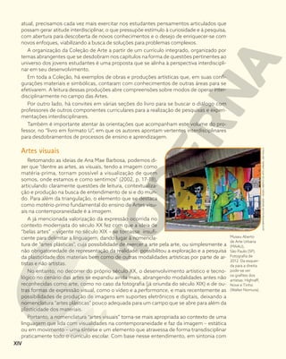 atual, precisamos cada vez mais exercitar nos estudantes pensamentos articulados que
possam gerar atitude interdisciplinar, o que pressupõe estímulo à curiosidade e à pesquisa,
com abertura para descoberta de novos conhecimentos e o desejo de enriquecer-se com
novos enfoques, viabilizando a busca de soluções para problemas complexos.
A organização da Coleção de Arte a partir de um currículo integrado, organizado por
temas abrangentes que se desdobram nos capítulos na forma de questões pertinentes ao
universo dos jovens estudantes é uma proposta que se alinha à perspectiva interdiscipli-
nar em seu desenvolvimento.
Em toda a Coleção, há exemplos de obras e produções artísticas que, em suas confi-
gurações materiais e simbólicas, contaram com conhecimentos de outras áreas para se
efetivarem. A leitura dessas produções abre compreensões sobre modos de operar inter-
disciplinarmente no campo das Artes.
Por outro lado, há convites em várias seções do livro para se buscar o diálogo com
professores de outros componentes curriculares para a realização de pesquisas e experi-
mentações interdisciplinares.
Também é importante atentar às orientações que acompanham este volume do pro-
fessor, no “livro em formato U”, em que os autores apontam vertentes interdisciplinares
para desdobramentos de processos de ensino e aprendizagem.
Artes visuais
Retomando as ideias de Ana Mae Barbosa, podemos di-
zer que “dentre as artes, as visuais, tendo a imagem como
matéria-prima, tornam possível a visualização de quem
somos, onde estamos e como sentimos” (2002, p. 17-18),
articulando claramente questões de leitura, contextualiza-
ção e produção na busca de entendimento de si e do mun-
do. Para além da triangulação, o elemento que se destaca
como matéria-prima fundamental do ensino de Artes visu-
ais na contemporaneidade é a imagem.
A já mencionada valorização da expressão ocorrida no
contexto modernista do século XX fez com que a ideia de
“belas artes” – vigente no século XIX – se tornasse insufi-
ciente para delimitar a linguagem, dando lugar à nomencla-
tura de “artes plásticas”, cuja possibilidade de exercer a arte pela arte, ou simplesmente a
não obrigatoriedade de representação da realidade, possibilitou a exploração e a pesquisa
da plasticidade dos materiais bem como de outras modalidades artísticas por parte de ar-
tistas e não artistas.
No entanto, no decorrer do próprio século XX, o desenvolvimento artístico e tecno-
lógico no cenário das artes se expandiu ainda mais, abrangendo modalidades antes não
reconhecidas como arte, como no caso da fotografia (já oriunda do século XIX) e de ou-
tras formas de expressão visual, como o vídeo e a performance, e mais recentemente as
possibilidades de produção de imagens em suportes eletrônicos e digitais, deixando a
nomenclatura “artes plásticas” pouco adequada para um campo que se abre para além da
plasticidade dos materiais.
Portanto, a nomenclatura “artes visuais” torna-se mais apropriada ao contexto de uma
linguagem que lida com visualidades na contemporaneidade e faz da imagem – estática
ou em movimento – uma síntese e um elemento que atravessa de forma transdisciplinar
praticamente todo o currículo escolar. Com base nesse entendimento, em sintonia com
Museu Aberto
de Arte Urbana
(MAAU),
São Paulo (SP).
Fotografia de
2012. Da esquer-
da para a direita
pode-se ver
os grafites dos
artistas: Highraff,
Nove e Tinho
(Walter Nomura).
JUCA
MARTINS/OLHAR
IMAGEM
–
MUSEU
ABERTO
DE
ARTE
URBANA,
SÃO
PAULO
XIV
 