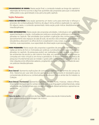 ORGANIZANDO AS IDEIAS: Nesta seção final, o conteúdo tratado ao longo do capítulo é
retomado de forma sucinta e algumas questões são propostas para que o estudante
reflita sobre o seu aprendizado e seu percurso pelo capítulo.
Seções flutuantes
FOCO NA HISTÓRIA: Esta seção apresenta um texto curto para estimular e reforçar o
processo de contextualização histórica de algum tema artístico explorado no capítulo.
Em alguns casos, o conteúdo apresentado nesta seção pode indicar desdobramentos
interdisciplinares.
PARA EXPERIMENTAR: Nesta seção são propostas atividades, individuais e em grupo, de
experimentação e criação, motivadas por práticas e produções artísticas e culturais ex-
ploradas no capítulo. São atividades que auxiliam a aplicação dos conhecimentos e o
aproveitamento dos espaços da sala de aula, da escola e dos arredores, convidando os
estudantes a desviarem os olhos do livro e explorarem o seu corpo, sua voz, seus movi-
mentos, suas expressões, sua capacidade de observação e percepção.
PARA PESQUISAR: Nesta seção são propostas sugestões de pesquisas também relacio-
nadas ao tema do livro e motivadas por práticas e produções artísticas e culturais ex-
ploradas no capítulo. As pesquisas podem ser realizadas em sala de aula, em diferen-
tes ambientes da escola ou até mesmo fora dela, em saídas a campo, entrevistas ou
consultas em meio virtual ou em livros e periódicos. O desenvolvimento da prática de
pesquisa é fundamental para se instalar o gosto pelo conhecimento, para estimular as
inter-relações entre diferentes saberes, projetando-se como uma oportunidade de exer-
cer práticas interdisciplinares.
Boxes
Boxe lateral: Apresenta explicações de conceitos e definições de termos do campo da
Arte. Optamos por usar este recurso apenas quando um conceito é necessário para a
compreensão da leitura ou contextualização da obra em foco e ainda não foi tratado na
Coleção.
Boxe lateral / horizontal: Apresenta sugestões de sites, livros, músicas, vídeos e filmes.
Importante destacar que no campo da Arte, com suas linguagens presentacionais, estas
referências são fundamentais para romper os ciclos de distanciamentos e aproximar ex-
periências.
Ícone
Faixa de áudio: indica o número da faixa do CD para a escuta de música/áudio
que complementa a aprendizagem de música.
XXIII
 