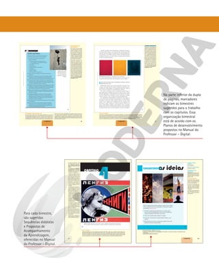 69
2o
BIMESTRE
PINTURA COM ESTÊNCIL
Chegou o momento de experimentar uma pintura
com estêncil, algo comum no mundo do grafite.
1 Com o auxílio do professor, providencie os
seguintes materiais:
• 2 metros de papel kraft ou papel sulfite
• 4 ou mais folhas de transparência (acetato)
ou radiografias antigas
• fita-crepe
• tesoura escolar
• caneta hidrográfica permanente
• tinta preta
• esponja macia
• panos de limpeza
• pincel grosso ou rolo de pintura
2 Reúna-se com seus colegas em um grupo de três a quatro
integrantes.
3 Escolham as imagens que irão imprimir utilizando o estêncil.
A escolha deve ser motivada pelo seguinte questionamento:
Quais transformações são necessárias na educação hoje em dia?
4 Procurem escolher imagens de silhuetas ou com grandes áreas
preenchidas, mas com poucos detalhes, já que terão de recortar
o contorno da figura. Elas podem ser desenhos criados por vocês
ou imagens retiradas da internet e impressas.
5 Coloquem a folha de transparência ou a radiografia sobre a folha
de papel com a imagem que será copiada (se necessário, prenda
a transparência à folha com pedaços de fita-crepe nas pontas) e
faça o contorno da imagem com a caneta permanente.
6 Após ter feito o desenho, recorte cuidadosamente o contorno da
imagem com o auxílio do professor. A tinta passará pelas áreas
que ficarem vazadas.
7 As imagens já poderão ser impressas com a tinta no painel
de papel kraft. Cada painel vai receber pinturas de todos os
integrantes do grupo, resultando em uma composição coletiva.
Cada estêncil pode ser reutilizado muitas vezes, criando uma
repetição da imagem, se desejarem.
8 Vocês podem usar a mesma técnica do estêncil para inserir textos
na composição.
9 Para concluir, façam uma exposição dos painéis elaborados
e conversem com os colegas e com o professor a respeito da
escolha das imagens, da organização das composições e das
transformações desejadas por cada grupo.
Balloon debate, grafite
de Banksy feito com a
técnica de estêncil no
muro entre Israel e a
Cisjordânia. Fotografia
de 2005.
MARCO
DI
LAURO/GETTY
IMAGES
69
Reprodução
proibida.
Art.
184
do
Código
Penal
e
Lei
9.610
de
19
de
fevereiro
de
1998.
Orientações: Para experimentar
Por sua natureza, o grafite é uma ação artística realizada na rua, nos muros
da cidade e, desse modo, procura suscitar reflexões e questionamentos para
as comunidades que habitam o entorno. No entanto, por reconhecer que
a produção fora do ambiente escolar nem sempre é viável, propomos aqui
uma atividade em que uma técnica de grafite pode ser explorada dentro da
sala de aula. Caso haja a possibilidade de se trabalhar sobre os muros da es-
cola ou do seu entorno, desenvolva um projeto com os estudantes para que
a atividade ganhe o espaço externo. Nesse caso, é preciso garantir o acom-
panhamento da coordenação e/ou da direção da escola, bem como obter as
devidas autorizações dos responsáveis pelos estudantes e pelos locais onde
será desenvolvida a atividade.
Orientações: Para
experimentar
Para realizar essa atividade,
você pode apresentar à turma
algumas imagens de Banksy
ou de outros artistas, realiza-
das com estêncil. É preciso que
fique claro para os estudantes
os procedimentos técnicos que
envolvem o recorte da imagem:
a máscara utilizada na técnica
do estêncil pode servir tanto de
positivo quanto de negativo.
No primeiro caso (em que a
máscara for o positivo), o re-
sultado será uma pintura do
contorno da imagem; o segun-
do caso (negativo) resultará em
uma imagem inteiramente pre-
enchida, tal qual a apresenta-
da na fotografia desta página.
Auxilie os estudantes a escolher
uma imagem com poucos de-
talhes, para que seja possível
fazer o recorte manualmente.
Auxilie-os também na etapa do
recorte. Esta atividade propõe
a experimentação, desenvol-
vendo um processo de criação
coletivo e colaborativo, confor-
me as habilidades (EF69AR05) e
(EF69AR06) da BNCC.
73
2o
BIMESTRE
Nascido na cidade de São Petersburgo, na Rússia, ele frequen-
tou uma escola de artes e, ao longo da vida, envolveu-se em ins-
tituições culturais oficiais. Foi professor por aproximadamente
uma década e, em 1920, tornou-se diretor do Departamento
de Museus de Moscou. Como artista, suas primeiras produções
foram no campo da pintura.
RODCHENKO, Alexander. Cor vermelho puro, Cor amarelo puro,
Cor azul puro. 1921. Óleo sobre tela, tríptico, 62,5 cm 3 52,5 cm cada tela.
Arquivo Alexander Rodchenko e Varvara Stepanova, Moscou, Rússia.
A partir do que você conheceu sobre o Suprematismo no Sobrevoo, o que diria a
respeito das pinturas acima?
Rodchenko, assim como outros artistas de sua época, teve
contato com obras de arte cubistas, dadaístas e futuristas, pro-
duzidas por artistas ligados às vanguardas históricas, sobre as
que você leu na seção Foco na História deste capítulo.
Os artistas envolvidos nesses movimentos questionavam o
que vinha sendo produzido nas artes até então, como a repre-
sentação figurativa, e experimentaram novas formas de expres-
são que resultaram em trabalhos em que a abstração era explo-
rada ao extremo, como nas pinturas acima de Rodchenko.
As experiências suprematistas constituíram uma etapa no
processo do artista, que logo caminhou para o Construtivismo,
movimento em que as obras artísticas deviam ter um caráter
prático, com o objetivo de contribuir com um cotidiano mais
funcional e, assim, melhorar a vida das pessoas. Diversos ar-
tistas construtivistas também eram designers, como o próprio
Rodchenko, que foi responsável pela capa da revista LEF (Frente
de Esquerda das Artes), em que explorou a técnica da colagem.
3
©
RODCHENKO,
ALEKSANDR
MIKHAJLOVICH/
AUTVIS,
BRASIL,
2018
-
ARQUIVO
ALEXANDER
RODCHENKO
E
VARVARA
STEPANOVA,
MOSCOU
73
Reprodução
proibida.
Art.
184
do
Código
Penal
e
Lei
9.610
de
19
de
fevereiro
de
1998.
Atividade complementar
Rodchenko capta imagens do
cotidiano, tal como fazia Vivian
Maier, a fotógrafa apresenta-
da no Capítulo 6 do livro do 6º
ano. Por outro lado, os resulta-
dos plásticos das fotografias de
ambos os fotógrafos são distin-
tos – a organização geométrica,
por exemplo, é uma caracterís-
tica marcante na produção do
artista russo. Sugira aos estu-
dantes uma leitura comparativa
das fotografias de Vivian Maier
e Rodchenko, orientando-os
a analisar como são trabalha-
das as cores, os contrastes, as
formas e como cada um cap-
ta o momento exato de uma
ação. Esta atividade contempla
as habilidades (EF69AR01) e
(EF69AR04) da BNCC.
Sobre as atividades
3. O que se vê nas pinturas são cores puras. Elas não simbolizam, nem representam, tampouco significam qualquer
outra coisa que não seja a própria cor. As produções de vanguarda que posteriormente ganharam reconhecimento no
meio artístico por seu caráter inovador, em geral, causaram grande estranhamento na época em que foram realizadas.
Amplie a discussão para que os estudantes se posicionem sobre o que eles próprios pensam a respeito desse conjunto de
pinturas. A discussão sobre essas pinturas contempla as habilidades (EF69AR01) e (EF69AR04) da BNCC.
62
RODCHENKO, Alexander. Lengiz. 1925. 1 pôster, litografia colorida. Museu de Design de
Moscou, Rússia. Pôster elaborado para a editora estatal de Leningrado. Coleção particular.
4
62
62
Este capítulo intitulado, “Arte
que difunde ideais”, relaciona-
-se às Unidades temáticas da
BNCC: Artes visuais; Artes inte-
gradas.
De acordo com as Competên-
cias específicas do Componente
Curricular Arte, os conteúdos
trabalhados neste capítulo bus-
cam levar os estudantes a:
1. Explorar, conhecer, fruir e
analisar criticamente práticas
e produções artísticas e cultu-
rais do seu entorno social, dos
povos indígenas, das comuni-
dades tradicionais brasileiras e
de diversas sociedades, em dis-
tintos tempos e espaços, para
reconhecer a arte como um
fenômeno cultural, histórico,
social e sensível a diferentes
contextos e dialogar com as di-
versidades.
2. Compreender as relações en-
tre as linguagens da Arte e suas
práticas integradas, inclusive
aquelas possibilitadas pelo uso
das novas tecnologias de in-
formação e comunicação, pelo
cinema e pelo audiovisual, nas
condições particulares de pro-
dução, na prática de cada lin-
guagem e nas suas articulações.
4. Experienciar a ludicidade, a
percepção, a expressividade e a
imaginação, ressignificando es-
paços da escola e de fora dela
no âmbito da Arte.
6. Estabelecer relações entre
arte, mídia, mercado e consu-
mo, compreendendo, de forma
crítica e problematizadora, mo-
dos de produção e de circulação
da arte na sociedade.
7. Problematizar questões polí-
ticas, sociais, econômicas, cien-
tíficas, tecnológicas e culturais,
por meio de exercícios, produ-
ções, intervenções e apresenta-
ções artísticas.
8. Desenvolver a autonomia, a
crítica, a autoria e o trabalho co-
letivo e colaborativo nas artes.
Sobre a imagem
Alexander Rodchenko usou uma fotografia de Lilya Brik (1891-1978) – artista, atriz, modelo e escritora ligada à van-
guarda artística soviética. O cartaz apresenta Brik sorrindo, com a expressão de quem acredita no que está anunciando.
Esta obra é considerada um ícone das artes gráficas, pois articula, com eficiência, de modo a comunicar uma ideia, pala-
vras, formas e imagens. O cartaz ilustra também como a arte pode provocar reflexões sobre questões políticas e sociais,
direta ou indiretamente. Ele inspirou capas de álbuns de música, de revistas e campanhas publicitárias recentes.
153
4o
BIMESTRE
153
Reprodução
proibida.
Art.
184
do
Código
Penal
e
Lei
9.610
de
19
de
fevereiro
de
1998.
153
JOÃO
CLAUDIO
DE
SENA
MICHAEL
OCHS
ARCHIVES/GETTY
IMAGES
JUCA
MARTINS/OLHAR
IMAGEM
Após ter realizado tantas práticas coletivas, converse com os colegas
e com o professor sobre seus aprendizados e reflita sobre as seguin-
tes questões. Respostas pessoais.
1 De todas as propostas que experimentou no capítulo, quais
foram as que mais possibilitaram trocas entre os membros das
equipes de trabalho? Como foram essas trocas?
2 O que você aprendeu sobre trabalhar em equipe?
3 O que mais o surpreendeu nas apresentações artísticas a que
assistiu?
4 Quais descobertas você fez ao longo deste capítulo? O que você
gostaria de continuar aprofundando?
FILIPE
MARCENA/CIA
ETC.
Unidade temática
da BNCC:
Artes integradas.
Objeto de conhecimento:
Contextos e práticas.
Habilidade em foco
nesta seção:
(EF69AR31) Relacionar as prá-
ticas artísticas às diferentes di-
mensões da vida social, cultural,
política, histórica, econômica,
estética e ética.
Sobre as atividades
1. Conversem sobre a natureza
dessas trocas: de aprendizado
técnico, de experiências ante-
riores, de informações etc.
2. Peça aos estudantes que
apontem o que aprenderam
uns com os outros e também
que cada um faça uma autoava-
liação sobre seu envolvimento
nos grupos.
3. Podem ser aspectos próprios
das linguagens artísticas ou
sobre o conteúdo de algumas
apresentações.
No Manual do Professor – Digital você encontrará:
• Propostas de Acompanhamento da Aprendizagem dos estudantes, com fichas para registro do desempenho deles
neste bimestre.
• Orientações para gestão de sala de aula.
Na parte inferior da dupla
de páginas, marcadores
indicam os bimestres
sugeridos para o trabalho
com os capítulos. Essa
organização bimestral
está de acordo com os
Planos de desenvolvimento
propostos no Manual do
Professor – Digital.
Para cada bimestre,
são sugeridas
Sequências didáticas
e Propostas de
Acompanhamento
da Aprendizagem,
oferecidas no Manual
do Professor – Digital.
 