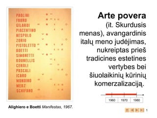 Arte povera (it. Skurdusis menas), avangardinis italų meno judėjimas, nukreiptas prieš tradicines estetines vertybes bei šiuolaikinių kūrinių komerzalizaciją.  Alighiero e Boetti  Manifestas,  1967. 1960 1970 1980 