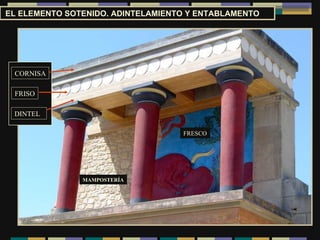 EL ELEMENTO SOTENIDO. ADINTELAMIENTO Y ENTABLAMENTO DINTEL FRISO CORNISA MAMPOSTERÍA FRESCO 