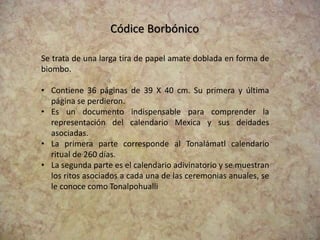 Códice Borbónico
Se trata de una larga tira de papel amate doblada en forma de
biombo.
• Contiene 36 páginas de 39 X 40 cm...