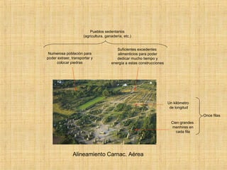 Alineamiento Carnac. Aérea
Once filas
Un kilómetro
de longitud
Pueblos sedentarios
(agricultura, ganadería, etc.)
Numerosa población para
poder extraer, transportar y
colocar piedras
Suficientes excedentes
alimenticios para poder
dedicar mucho tiempo y
energía a estas construcciones
Cien grandes
menhires en
cada fila
 