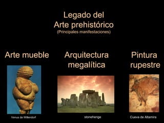 Legado del Arte prehistórico (Principales manifestaciones) Arte mueble Arquitectura megalítica Pintura  rupestre Venus de  Willendorf  stonehenge Cueva de Altamira 