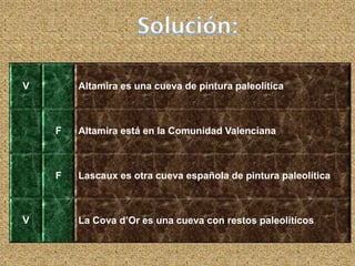 V Altamira es una cueva de pintura paleolítica
F Altamira está en la Comunidad Valenciana
F Lascaux es otra cueva española de pintura paleolítica
V La Cova d’Or es una cueva con restos paleolíticos
 