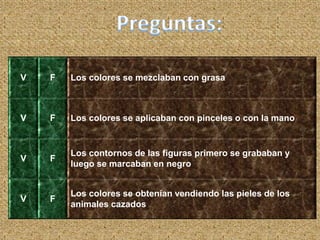 V F Los colores se mezclaban con grasa
V F Los colores se aplicaban con pinceles o con la mano
V F
Los contornos de las figuras primero se grababan y
luego se marcaban en negro
V F
Los colores se obtenían vendiendo las pieles de los
animales cazados
 