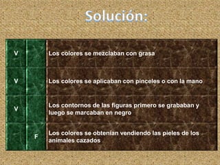 V Los colores se mezclaban con grasa
V Los colores se aplicaban con pinceles o con la mano
V
Los contornos de las figuras primero se grababan y
luego se marcaban en negro
F
Los colores se obtenían vendiendo las pieles de los
animales cazados
 