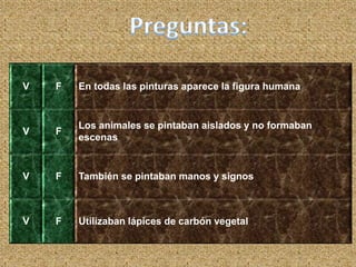 V F En todas las pinturas aparece la figura humana
V F
Los animales se pintaban aislados y no formaban
escenas
V F También se pintaban manos y signos
V F Utilizaban lápices de carbón vegetal
 