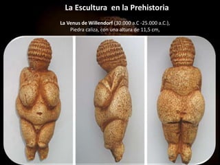La Escultura en la Prehistoria
La Venus de Willendorf (30.000 a.C -25.000 a.C.),
Piedra caliza, con una altura de 11,5 cm,
 
