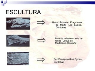 ESCULTURA
            Hiena Rapante, Fragmento
               de Marfil (Les Eyzies,
               Dordoña)



              Bisonte tallado en asta de
              renos (Cueva de
              Madeleine, Dordoña)




             Pez Esculpido (Les Eyzies,
             Dordoña)
 