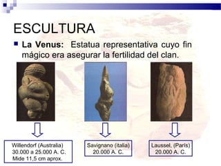 ESCULTURA
   La Venus: Estatua representativa cuyo fin
    mágico era asegurar la fertilidad del clan.




Willendorf (Australia)   Savignano (italia)   Laussel, (París)
30.000 a 25.000 A. C.      20.000 A. C.        20.000 A. C.
Mide 11,5 cm aprox.
 