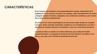 El ser humano del mesolítico era fundamentalmente nómada, dependiente de la
explotación de los recursos cercanos. Sin embargo, utilizó asentamientos de verano
y refugios durante el invierno, adaptados a las condiciones climáticas y por lo tanto,
dio un paso hacia el sedentarismo.
Es común en los restos arqueológicos de este período hallar tiendas de campaña
circulares. Estas viviendas temporales contaban en sus inmediaciones con silos o
depósitos de cereales silvestres recolectados, o bien con cementerios primitivos.
Lo primero indica un cambio en la dieta tradicional, que se aleja del modelo
cazador/recolector, y lo segundo la presencia de ritos fúnebres vinculados con la
tierra y, por ende, con el sentido de pertenencia hacia ella.
CARACTERÍSTICAS
 