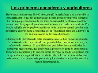 Los primeros ganaderos y agricultores H ace aproximadamente 10.000 años, surgió la agricultura y se desarrolló la ganadería, por lo que las comunidades podían producir su propio alimento. La principal preocupación de los seres humanos del Neolítico era obtener buenas cosechas y que el ganado estuviese sano y se pudiera reproducir. Por eso, la religión de los pueblos neolíticos tenía una idea central que fue muy importante en gran parte de sus rituales: la fecundidad, tanto de la tierra y de los animales como de los seres humanos. El número de miembros de estas sociedades creció. Las nuevas actividades de cultivo de la tierra y cuidado del ganado daban ocupación a un mayor número de personas. El equilibrio que guardaban las comunidades de cazadores-recolectores, que establecía la proporción entre lo que se podía tomar de la naturaleza y lo que consumía el grupo, se modificó, porque con la agricultura y la ganadería se producía más de lo que se necesitaba para sobrevivir. La caza perdió importancia y los rituales relacionados con ella fueron desapareciendo. 