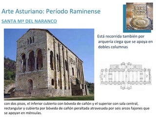 Arte Asturiano: Período Raminense
SANTA Mª DEL NARANCO

                                                         Está recorrida también por
                                                         arquería ciega que se apoya en
                                                         dobles columnas




con dos pisos, el inferior cubierto con bóveda de cañón y el superior con sala central,
rectangular y cubierta por bóveda de cañón peraltada atravesada por seis arcos fajones que
se apoyan en ménsulas.
 