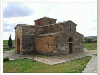 IGLESIA DE SAN PEDRO DE LA NAVE, 
ZAMORA 
 Planta: 
 Combina la planta basilical con la 
centralizada, al añadirse dos cuerpos 
rectangulares en los lados longitudinales a 
la altura dl transepto. 
 Ábside cuadrangular que sobresale en 
planta. 
 3 naves. 
 Decoración: 
 Elementos geométricos y vegetales en las 
líneas de imposta y frisos. 
 CAPITELES de la zona del transepto: aves 
enfrentadas y escenas del antiguo 
testamento: 
 Daniel en el Foso de los Leones 
 Sacrificio de Isaac 
 En los laterales de los capiteles aparecen 
esculpidos los Apóstoles. 
 Talla a bisel, planos, poco relieve, 
esquemáticos, poco naturalista. 
 