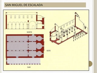 ARQUITECTURA 
CARACTERÍSTICA GENERALES SAN MIGUEL DE LA ESCALADA 
 Influencia visigoda e 
islámica. 
 Empleo del arco de 
herradura califal (más 
alto y peraltado que el 
de herradura visigodo) y 
alfiz (moldura 
rectangular enmarcando 
el arco) 
 Empleo de bóvedas con 
múltiples nervios. 
 913 
 Planta: 3 naves separadas por 
arcos de herradura, transepto 
no saliente, y tres ábsides con 
planta de herradura muy 
pronunciada. 
 Muros de sillería 
 Cubiertas de madera. 
 Pórtico al lado sur con arcos 
de herradura, cerrado al 
oeste con una ventana 
geminada. Es la primera vez 
que aparece un alfiz en una 
iglesia mozárabe. 
SAN MIGUEL DE ESCALADA 
 