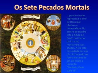 o grande círculo representa o olho de Deus que observa a humanidade. No centro do quadro está a figura de Cristo no interior da íris azul, mostrando suas chagas. A íris está circundada por um círculo dourado em forma de raios de sol. Ali existe a inscrição: “Cuidado, Deus tudo vê” 