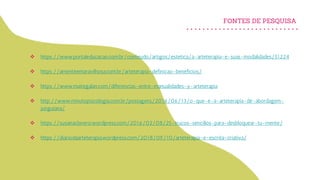  https://www.portaleducacao.com.br/conteudo/artigos/estetica/a-arteterapia-e-suas-modalidades/51224
 https://amenteemaravilhosa.com.br/arteterapia-definicao-beneficios/
 https://www.maitegalan.com/diferencias-entre-manualidades-y-arteterapia
 http://www.minutopsicologia.com.br/postagens/2016/06/13/o-que-e-a-arteterapia-de-abordagem-
junguiana/
 https://susanaclavero.wordpress.com/2016/02/08/25-trucos-sencillos-para-desbloquear-tu-mente/
 https://diariodaarteterapia.wordpress.com/2018/09/10/arteterapia-e-escrita-criativa/
FONTES DE PESQUISA
 