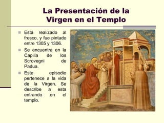 La Presentación de la
             Virgen en el Templo
 Está    realizado al
  fresco, y fue pintado
  entre 1305 y 1306.
 Se encuentra en la
  Capilla     de     los
  Scrovegni           de
  Padua.
 Este          episodio
  pertenece a la vida
  de la Virgen. Se
  describe     a esta
  entrando      en     el
  templo.
 