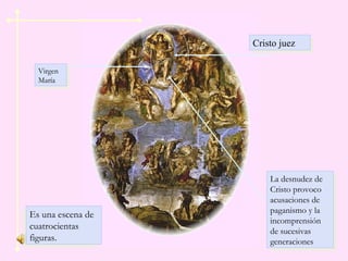Cristo juezCristo juez
Virgen
María
Virgen
María
Es una escena de
cuatrocientas
figuras.
Es una escena de
cuatrocientas
figuras.
La desnudez de
Cristo provoco
acusaciones de
paganismo y la
incomprensión
de sucesivas
generaciones
La desnudez de
Cristo provoco
acusaciones de
paganismo y la
incomprensión
de sucesivas
generaciones
 
