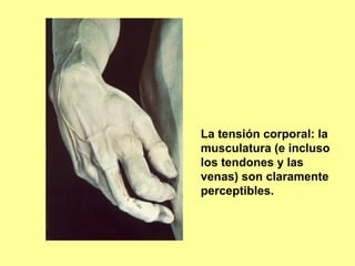 La tensión corporal: la
musculatura (e incluso
los tendones y las
venas) son claramente
perceptibles.
 