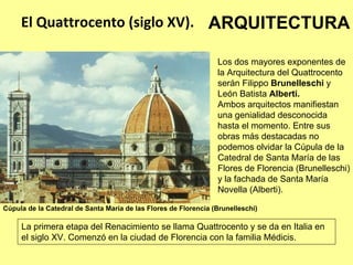 El Quattrocento (siglo XV). ARQUITECTURA

                                                                 Los dos mayores exponentes de
                                                                 la Arquitectura del Quattrocento
                                                                 serán Filippo Brunelleschi y
                                                                 León Batista Alberti.
                                                                 Ambos arquitectos manifiestan
                                                                 una genialidad desconocida
                                                                 hasta el momento. Entre sus
                                                                 obras más destacadas no
                                                                 podemos olvidar la Cúpula de la
                                                                 Catedral de Santa María de las
                                                                 Flores de Florencia (Brunelleschi)
                                                                 y la fachada de Santa María
                                                                 Novella (Alberti).

Cúpula de la Catedral de Santa María de las Flores de Florencia (Brunelleschi)

     La primera etapa del Renacimiento se llama Quattrocento y se da en Italia en
     el siglo XV. Comenzó en la ciudad de Florencia con la familia Médicis.
 