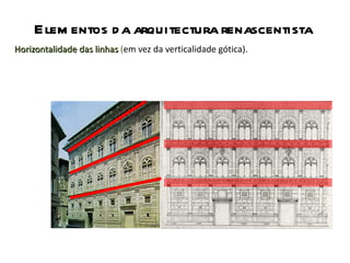 Elementos da arquitectura renascentista Horizontalidade das linhas  ( em vez da verticalidade gótica). 