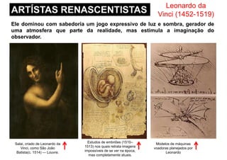 ARTÍSTAS RENASCENTISTAS
Leonardo da
Vinci (1452-1519)
Ele dominou com sabedoria um jogo expressivo de luz e sombra, gerador de
uma atmosfera que parte da realidade, mas estimula a imaginação do
observador.
Salai, criado de Leonardo da
Vinci, como São João
Batista(c. 1514) — Louvre.
Estudos de embriões (1510–
1513) nos quais retrata imagens
impossíveis de se ver na época,
mas completamente atuais.
Modelos de máquinas
voadoras planejados por
Leonardo
 