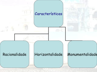 Características
Racionalidade Horizontalidade Monumentalidade
 