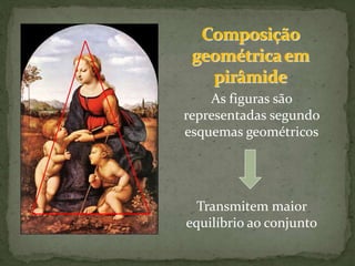 As figuras são
representadas segundo
esquemas geométricos
Transmitem maior
equilíbrio ao conjunto
 