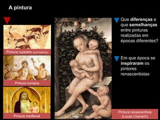A pintura
Pintura romana
Pintura rupestre (pré-história)
Que diferenças e
que semelhanças
entre pinturas
realizadas em
épocas diferentes?
Pintura renascentista
(Lucas Cranach)
Em que época se
inspiraram os
pintores
renascentistas?
Pintura medieval
 